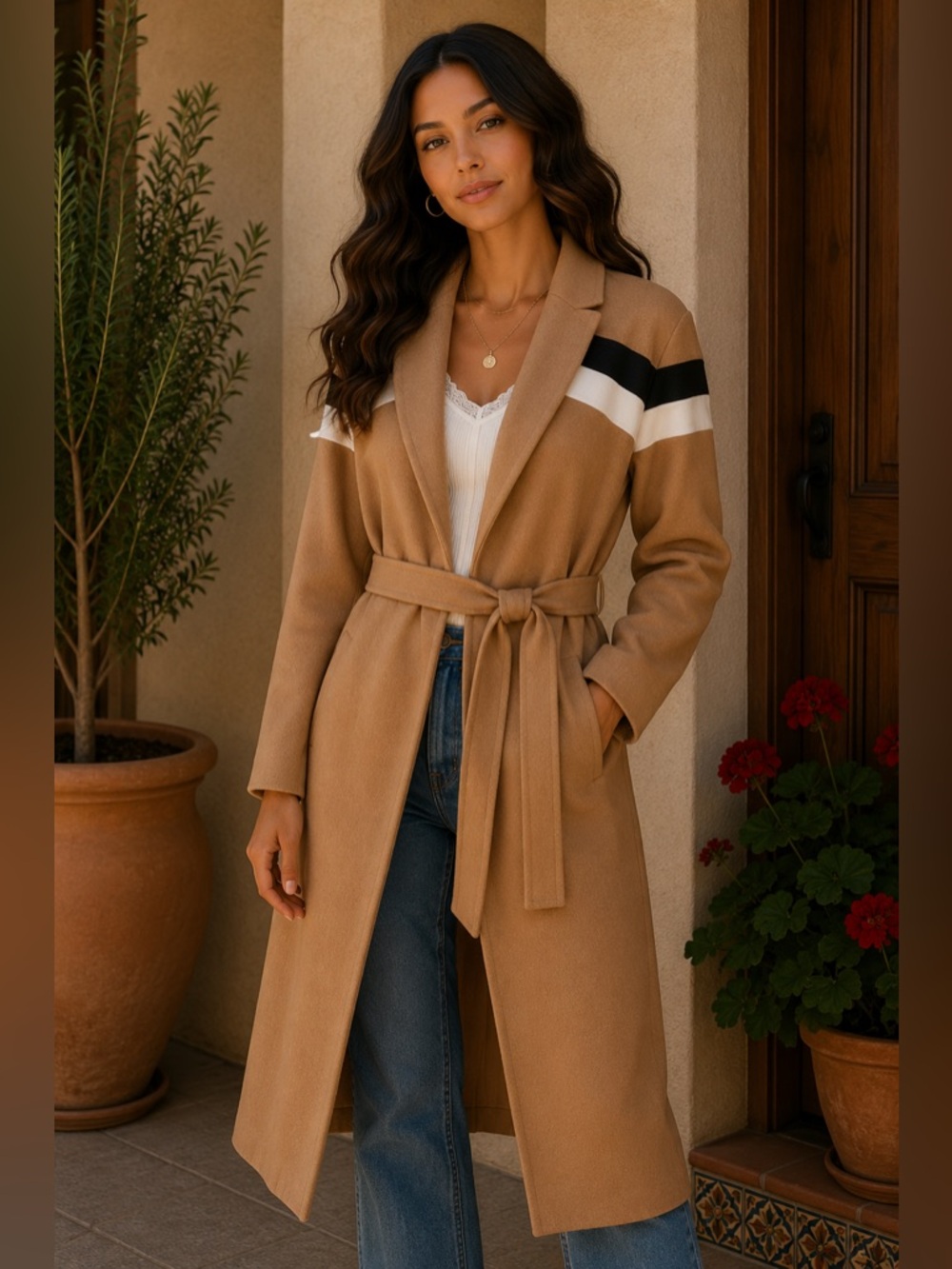 Making the Cut Tan Belted Trench Coat Black White‎ Accents Size Small